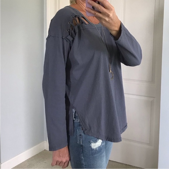 Blue Shoulder Lace Up Long Sleeve Top - Picture 2 of 6
